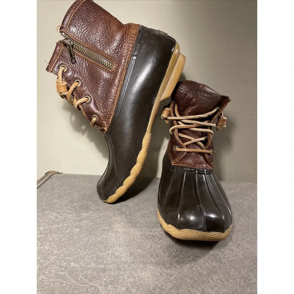 Sperry Women's Sz 6 Bootie Saltwater Duck Waterproof Rubber‎ Brown Boots Gum